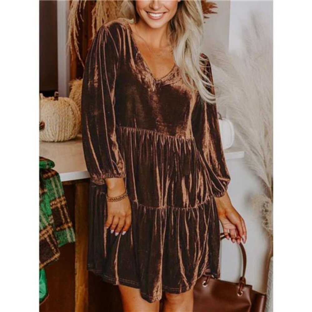 Solid Color Velvet V Neck Long Sleeve Tiered Mini Dress
